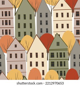 Fall Seamless Pattern, Autumn Endless Background With Cute Houses And Fall Trees, People In Autumn City Digital Paper, Cozy Pattern With Autumn Vibes, Vector Illustration Clipart In Flat Cartoon Style