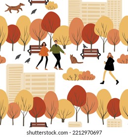 Fall Seamless Pattern, Autumn Endless Background With Cute Houses And Fall Trees, People In Autumn City Digital Paper, Cozy Pattern With Autumn Vibes, Vector Illustration Clipart In Flat Cartoon Style