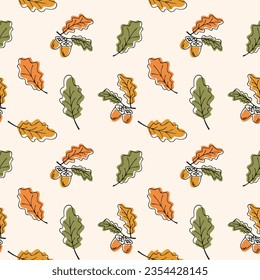 Fall seamless pattern. Autumn foliage background.  Line hand drawn oak leaves and branches. Colorful botanical natural illustration