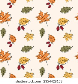 Fall seamless pattern. Autumn foliage background.  Line hand drawn oak, maple leaves and branches. Colorful natural endless pattern