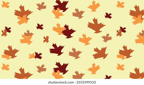 Fall Seamless Pattern. Autumn Leaves Falling on Soft Yellow Background. Cozy Weather.