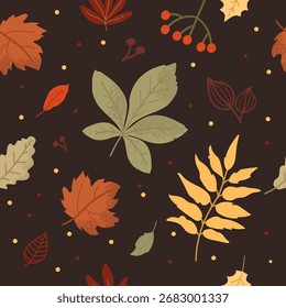 Patrón de otoño sin fisuras con hojas de otoño en tonos de naranja, amarillo, rojo y verde flotan suavemente sobre un fondo marrón oscuro.