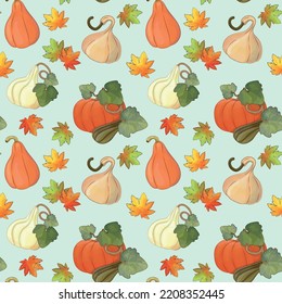 Fall seamless pattern. Autumn pattern with maple leaves and pumpkins for wrapping paper, wallpapers, fabrics.