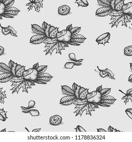 Fall seamless pattern with chestnut tree and maple tree leaves and elements. Autumn hand drawn elements.