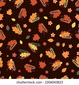 Fall seamless pattern. Colorful leaves, flowers, and berries. Autumn vector background. Perfect for fabric, scrapbooking, wrapping paper, etc.