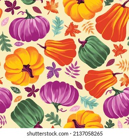 Fall seamless pattern with colorful pumpkins on cream background, Autumn pattern with maple, leaves, foliage, watercolor wrapping paper, pattern fills, Thanksgiving, web page background.