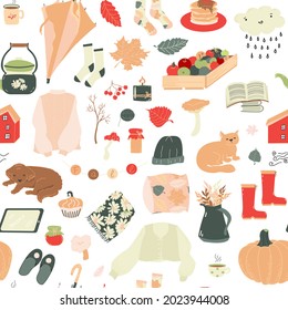 Fall seamless pattern with Cozy home objects for autumn season on white. Autumn background. Vector trendy illustration