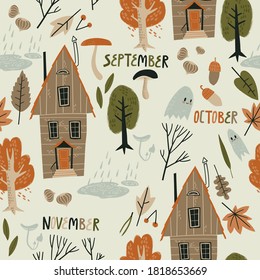 Fall seamless pattern with cozy nature elements. Lanscape with cozy wooden houses, color trees, rain and spooky little ghosts.