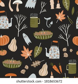 Fall seamless pattern with cozy nature elements. Cozy warm things, teapot, mug, harvest and cute little ghosts