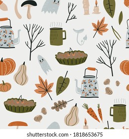 Fall Seamless Pattern With Cozy Nature Elements. Cozy Warm Things, Teapot, Mug, Harvest And Cute Little Ghosts
