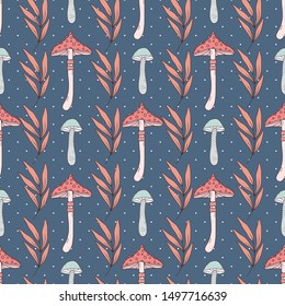 Fall seamless pattern with cute autumn mushrooms and foliage. Seamless repeatable background for textile. 