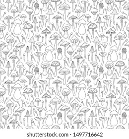 Fall seamless pattern with cute autumn mushrooms and foliage. Seamless repeatable background for textile. 