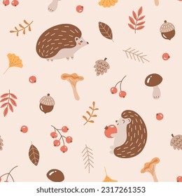 Fall seamless pattern with cute hedgehog, leaves, berries, acorn, mushrooms and cone. Autumn or woodland theme background. Suitable for decorating kids' projects. Hand drawn vector illustration. 