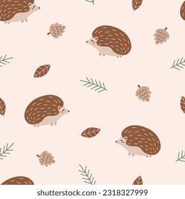 Fall seamless pattern with cute hedgehog, leaves, pine and cone. Autumn or woodland theme wallpaper. Suitable for decorating kids' projects. Hand drawn vector illustration on pastel background. 