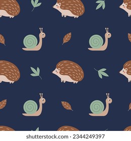 Caer sin fisuras con un lindo erizo, caracol y hojas de otoño. Papel tapiz de los animales de bosque o tema forestal. Adecuado para la decoración de los proyectos infantiles. Ilustración vectorial sobre fondo azul oscuro. 