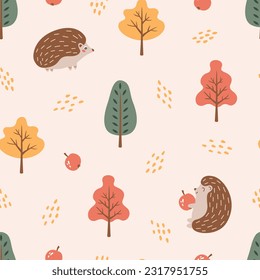 Caer sin fisuras con erizos lindos, árboles de otoño y una manzana. Fondo del tema de Woodland. Perfecto para la decoración de los proyectos infantiles. Ilustración vectorial dibujada a mano. 