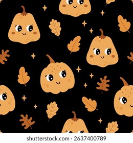 Fall seamless pattern with cute pumpkin pattern and autumn leaves. Adorable seasonal hand drawn vector pattern in flat style for kids.