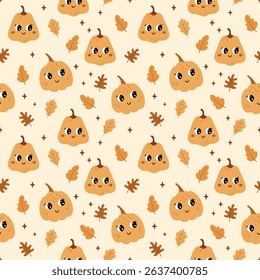 Fall seamless pattern with cute pumpkins and autumn leaves. Seasonal hand drawn vector background