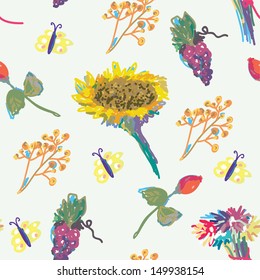 Fall seamless pattern with flower and fruits hand drawn