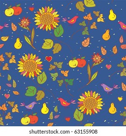 Fall seamless pattern with fruits and sunflowers