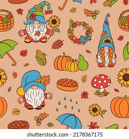 Fall seamless pattern with gnomes, pumpkins, sunflower, umbrella. Harvest time and autumn nature. Cute repeat design for fabric, paper, textile print.