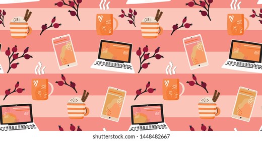 Fall Seamless Pattern, Home Office Laptop And Mobile Phone, Pumpkin Spice Latte, Coffee Cup With Cinnamon Sticks, Red Berries On A Branch. Screen With Abstract Wallpaper.