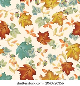 Fall seamless pattern with maple leaves on cream background, Autumn pattern with ditsy, foliage, watercolor wrapping paper, pattern fills, Thanksgiving, web page background.