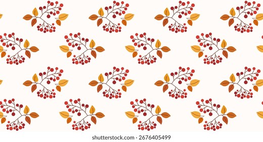 Fall seamless pattern with multicolored rowan leaves and berries. Drawing flat vector illustration. Template for background, fabric print, wrapper, packaging, wallpaper.