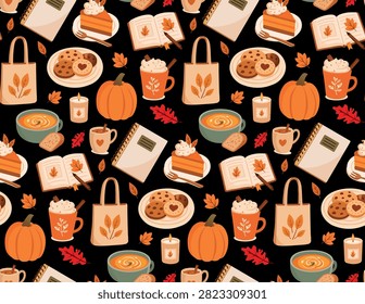 Fall seamless pattern on black background with pumpkin and pastries