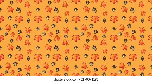 Fall seamless pattern of pixel art acorn and leaf objects 