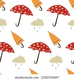Fall seamless pattern. print with rain, clouds and umbrellas. hand drawn autumn weather illustration.