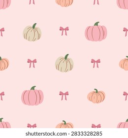 Fall seamless pattern with pumpkin and bow. Cute autumn design. Hand drawn vector illustration