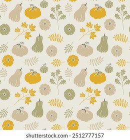 Fall seamless pattern with pumpkin and leave. Graphic background with autumn elements. Hand drawn illustration. Lino stamp style wallpaper art.