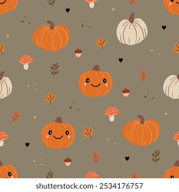 Fall seamless pattern with pumpkin, mushroom, leaf, acorn. Autumn season. Orange pumpkin with cute face. Hand drawn vector illustration