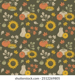 Fall seamless pattern with pumpkin, sunflower and leaves. Autumn elements on dark background. Hand drawn repetitive illustration. Lino stamp style wallpaper art.