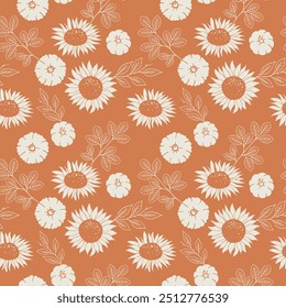 Fall seamless pattern with pumpkin and sunflower. Orange graphic background with autumn elements. Hand drawn doodle line illustration. One color wallpaper art.