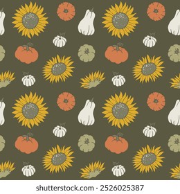 Fall seamless pattern with pumpkin and sunflower. Cute Thanksgiving autumn elements on dark background. Hand drawn illustration. Linocut style wallpaper art.