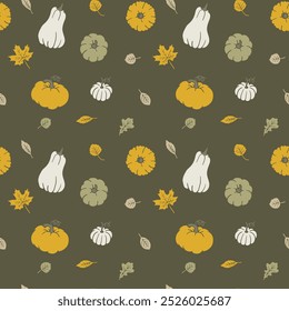 Fall seamless pattern with pumpkin, sunflower and leaves. Autumn elements on dark background. Cute hand drawn illustration. Linocut style wallpaper art.