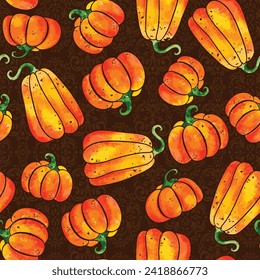 Fall seamless pattern with pumpkins background, Autumn pattern watercolor wrapping paper, pattern fills, Thanksgiving, web page background.