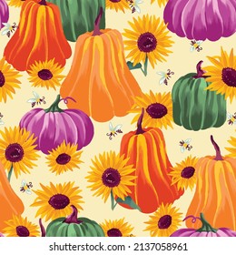 Fall seamless pattern with pumpkins and bees on cream background, Autumn pattern with sunflower, flowers, bee watercolor wrapping paper, pattern fills, Thanksgiving, web page background.