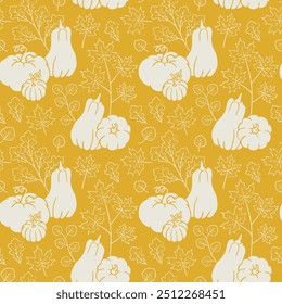 Fall seamless pattern with pumpkins and leaves. Yellow graphic background with autumn elements. Hand drawn line doodle illustration. One color wallpaper art.