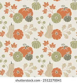 Fall seamless pattern with pumpkins and leaves. Graphic background with autumn elements. Hand drawn repetitive illustration. Lino stamp style wallpaper art.