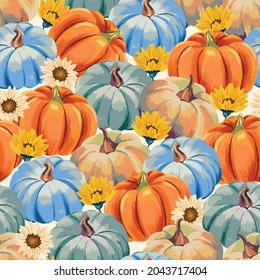 Fall seamless pattern and pumpkins cream background  Autumn pattern and sunflower  flowers  watercolor wrapping paper  pattern fills  Thanksgiving  web page background 