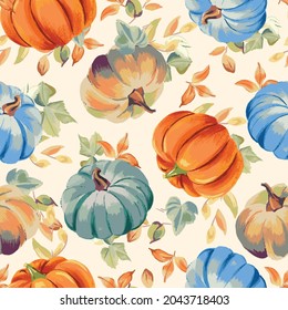 Fall seamless pattern with pumpkins on cream background, Autumn pattern with maple, leaves, foliage, watercolor wrapping paper, pattern fills, Thanksgiving, web page background.