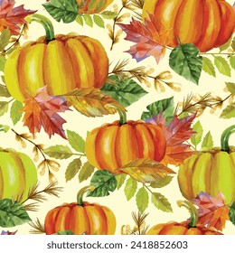 Fall seamless pattern with pumpkins on leafy background, Autumn pattern with maple, leaves, foliage, watercolor wrapping paper, pattern fills, Thanksgiving, web page background