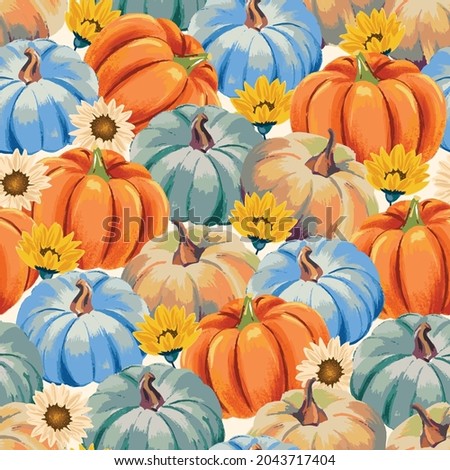 Fall seamless pattern with pumpkins on cream background, Autumn pattern with sunflower, flowers, watercolor wrapping paper, pattern fills, Thanksgiving, web page background.