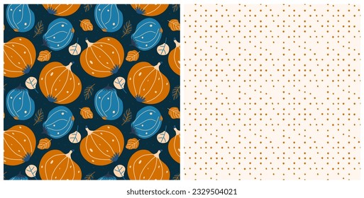 Fall seamless pattern of pumpkins orange and blue on blue background. Seamless vector with tekkas of different sizes with spots in flat simple child style for seasonal textile or objets prints