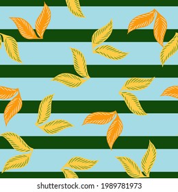 Fall seamless pattern with random falling leaves yellow ornament. Blue and green striped background. Stock illustration. Vector design for textile, fabric, giftwrap, wallpapers.