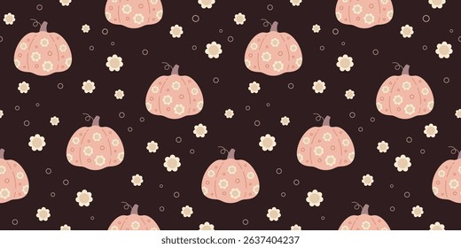 Fall seamless pattern with retro groovy pumpkins and flowers. Seasonal hand drawn vector background
