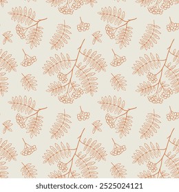 Fall seamless pattern with rowan berries and leaves. Graphic background with autumn branch. Hand drawn doodle illustration and line art wallpaper design.